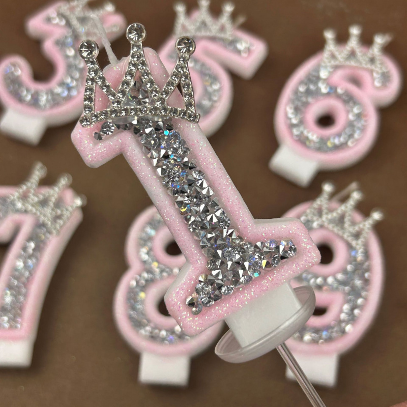 Paraffin Wax - Digital Candles 0-9 Pink Silver Rhinestone